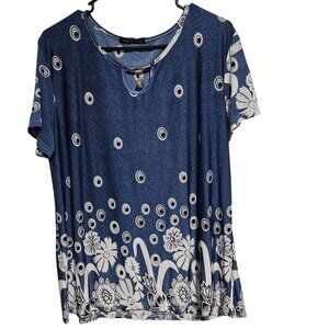 Conos Floral Top Womens Plus Size 2XL 3XL Blue Blouse Metal Detail Short Sleeve